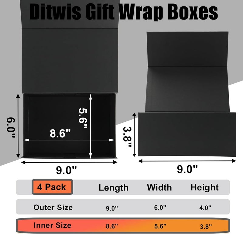 Ditwis 4 Pack 9x6x4 Inches Gift Boxes with Magnetic Closure Lids, Black Magnetic Box for Wedding, Groomsmen Bridesmaid Proposal, Birthdays, Mother's Day - Image 2